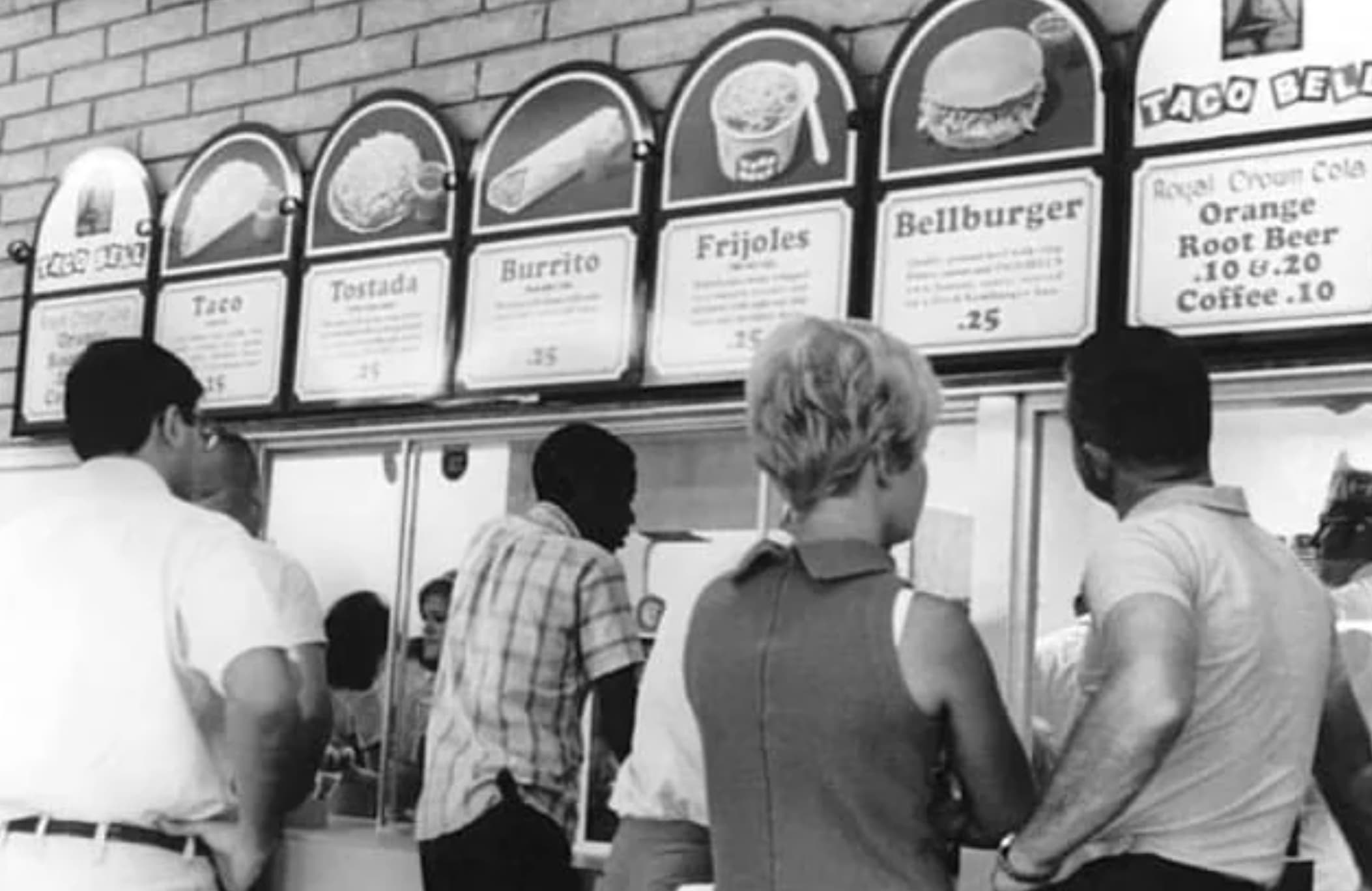 old 70's taco bell menu - Taco Tostada Burrito Frijoles Bellburger 15 .25 Taco Bel Royal Crown Cole Orange Root Beer .10 &.20 Coffee.10